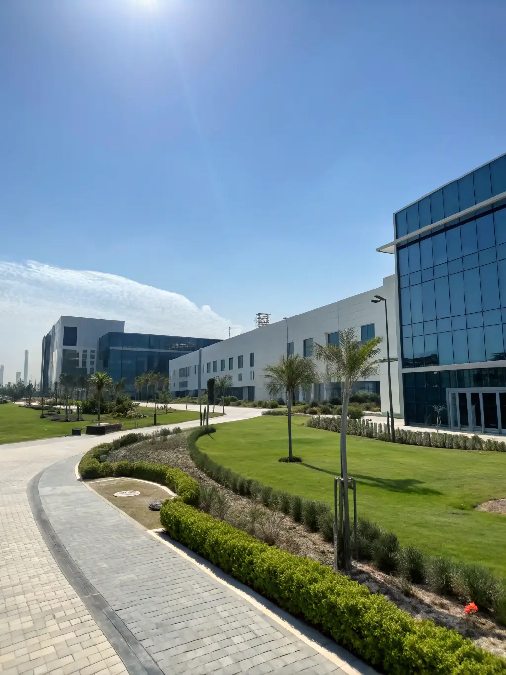 A Freezone park with modern office buildings and business activity, illustrating Colmax Solutions' Freezone Business Setup services.