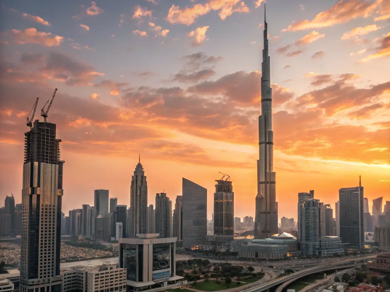 An image of the Dubai skyline at sunset, highlighting modern architecture and a thriving business environment, symbolizing the city's economic growth and opportunities.
