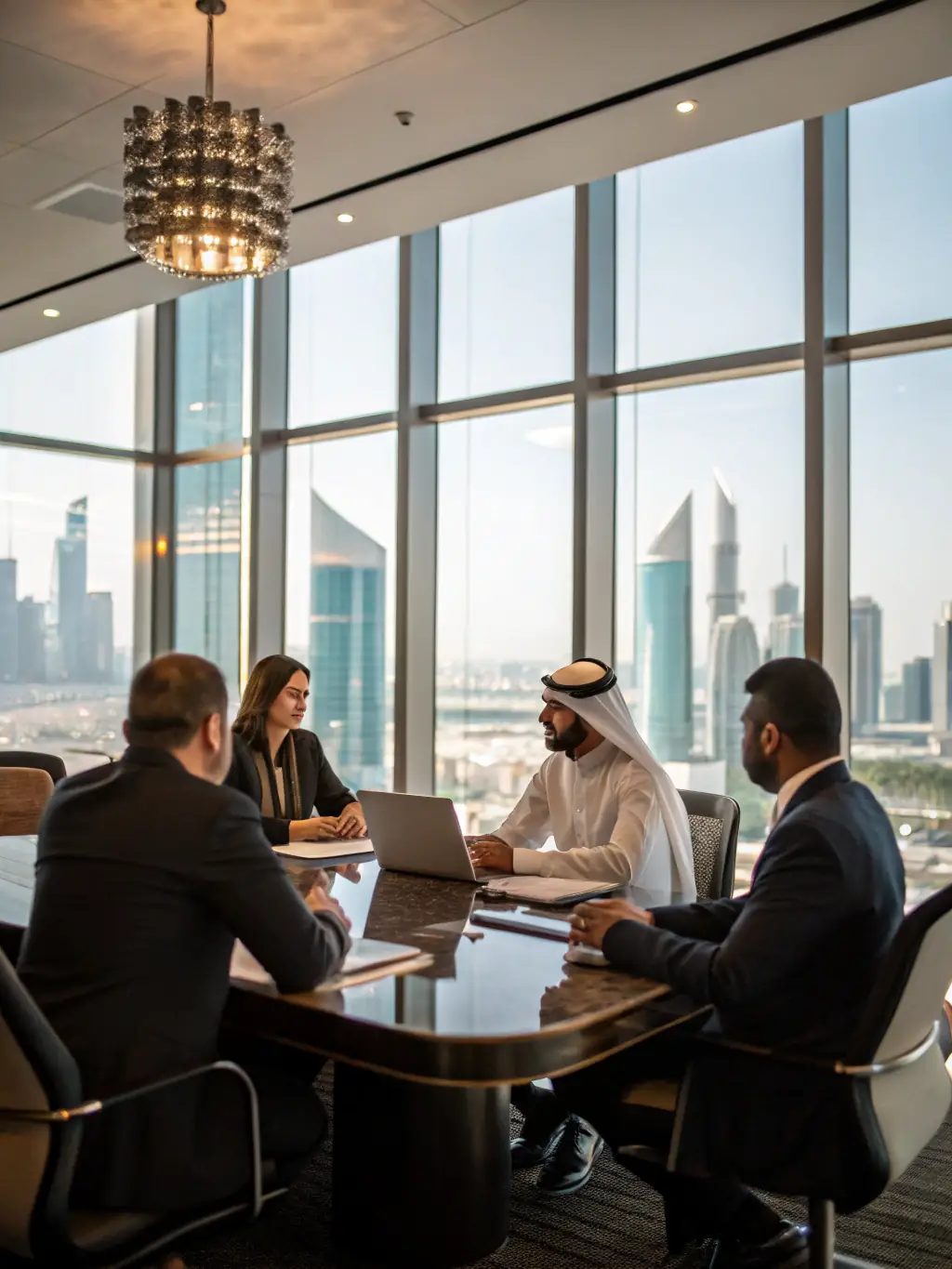 A modern Dubai skyline with business professionals discussing plans, symbolizing Colmax Solutions' Business Setup services.