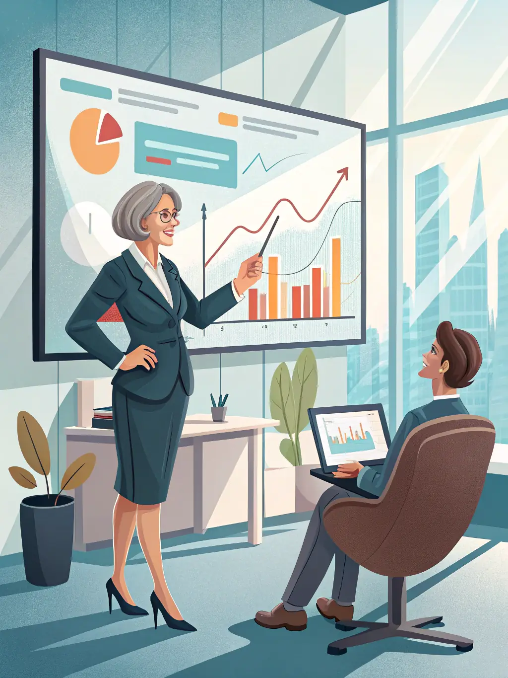 Financial charts and a consultant discussing tax strategies with clients, representing Colmax Solutions' International Tax Advisory services.
