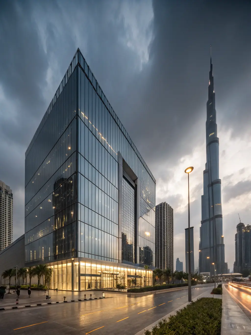 A professional photo of a modern office building in Dubai's business district, symbolizing Colmax Solutions' expertise in business setup.