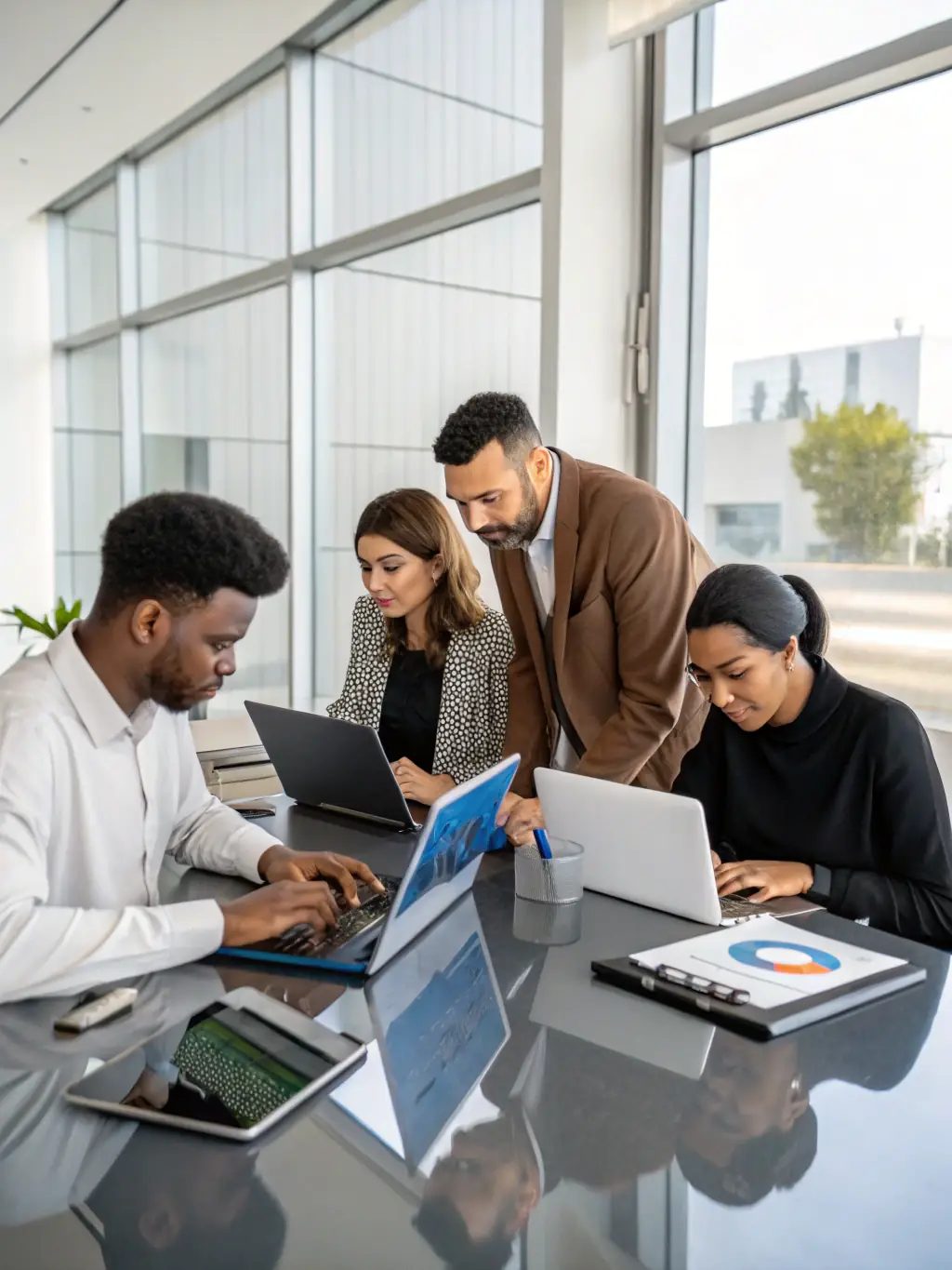A diverse group of professionals working collaboratively in a modern office space in Dubai.